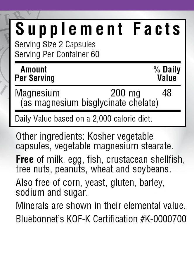A bottle of Bluebonnet Chelated Magnesium Bisglycinate 200 mg