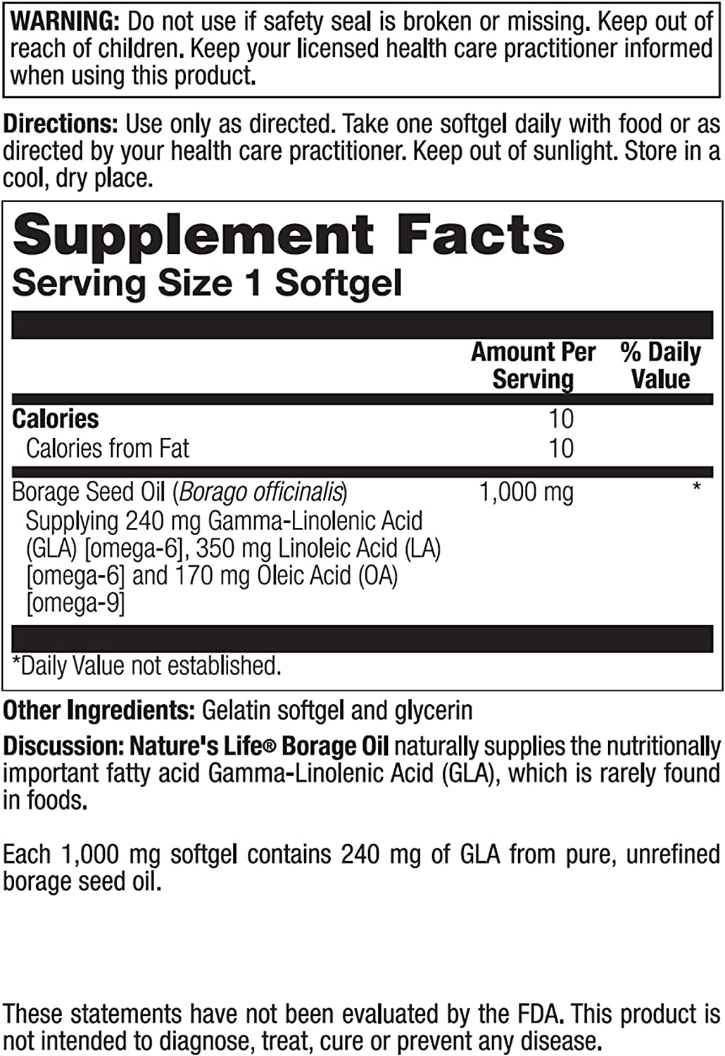 Borage Oil - Nature's Life - 60 softgels