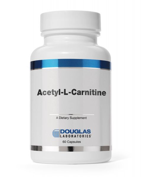 A white pill bottle with a colorful blue label that reads Douglas Labratories Acetyl L-Carnitine