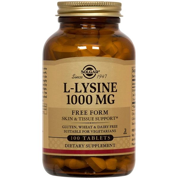 A bottle of Solgar L-Lysine 1000 mg