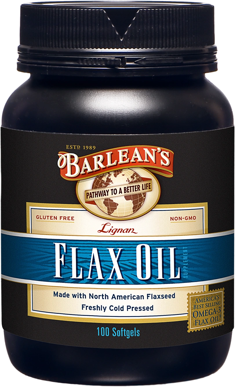 A bottle of Barleans Lignan Flax Oil