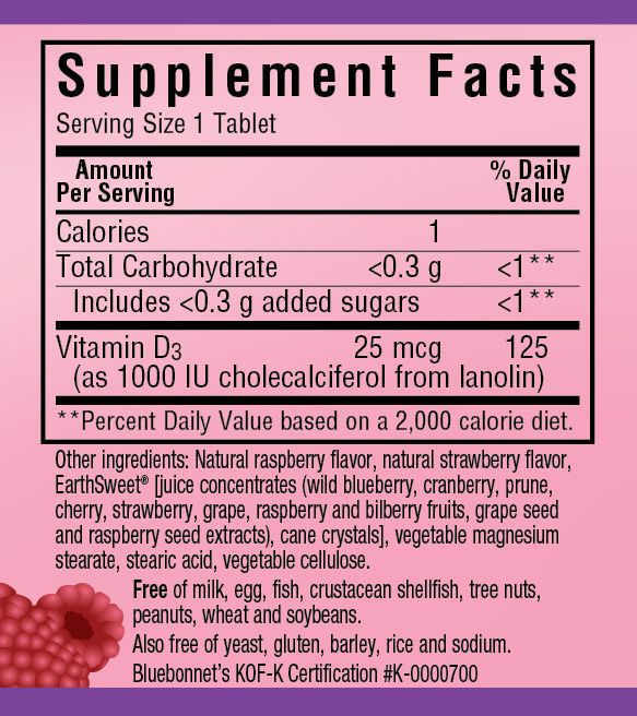 A bottle of Bluebonnet EarthSweet® Chewables Vitamin D3 1000 IU