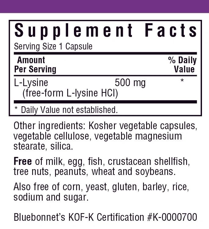 A bottle of Bluebonnet L-Lysine 500 mg