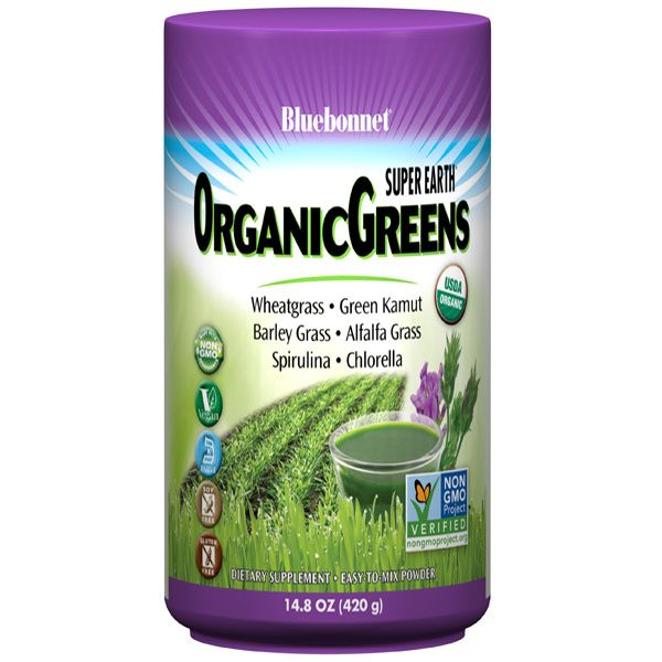 A jar of Bluebonnet Super Earth® OrganicGreens Powder
