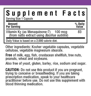 Supplement Facts for Bluebonnet Vitamin K2 100 mcg