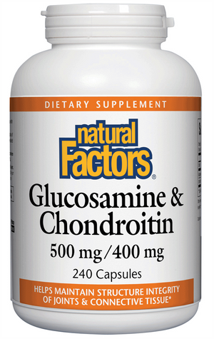 A bottle of Natural Factors Glucosamine & Chondroitin 500 mg Glucosamine · 400 mg Chondroitin