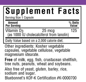 Supplement Facts for Bluebonnet Vitamin D3 1000 IU Capsules