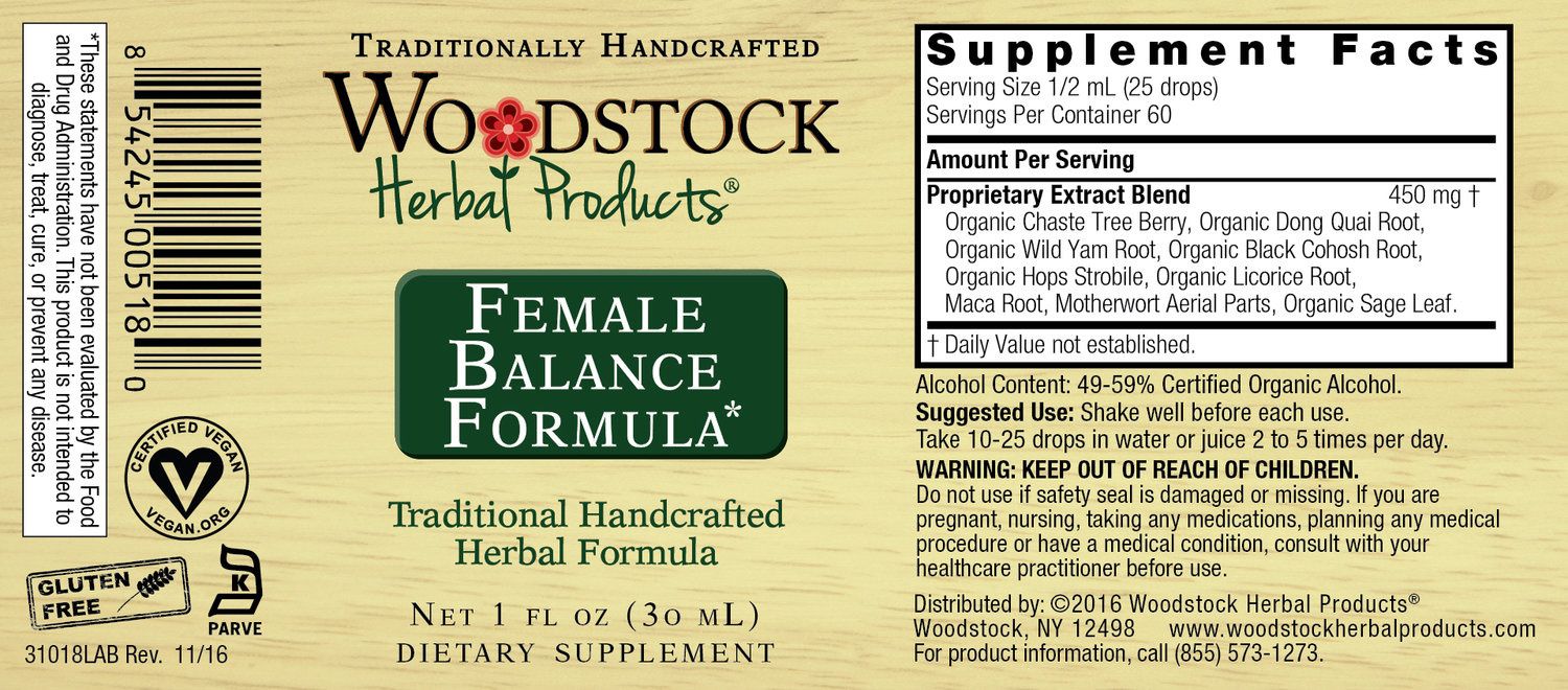 A bottle of Woodstock Herbal Products Female Balance Formula