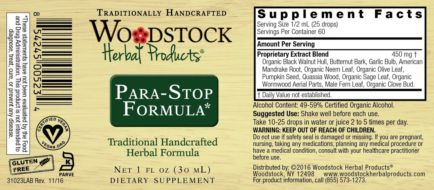 A bottle of Woodstock Herbal Products Para-Stop Formula