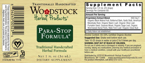 A label with supplemental facts for Woodstock Herbal Products Para-Stop Formula