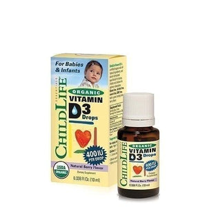 A package and bottle of ChildLife Organic Vitamin D3 Drops 400 IU