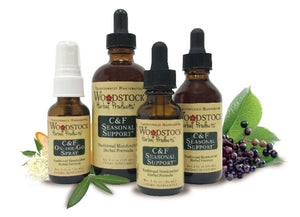 A series of varying sized bottles for Woodstock Herbal Products C & F Seasonal Support 2 oz