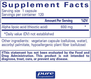 Alpha Lipoic Acid 600 mg - Pure Encapsulations - 120 capsules supplement facts