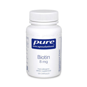 A bottle of Pure Biotin 8 mg