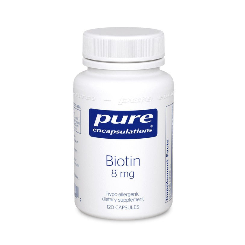 A bottle of Pure Biotin 8 mg