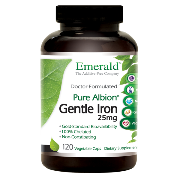 A bottle of Emerald Gentle Iron 25mg