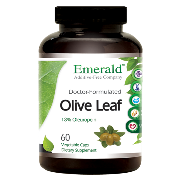 A bottle of Emerald Olive Leaf Extract