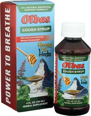A package and bottle of Olbas Cough Syrup – 4 Fl. Oz.