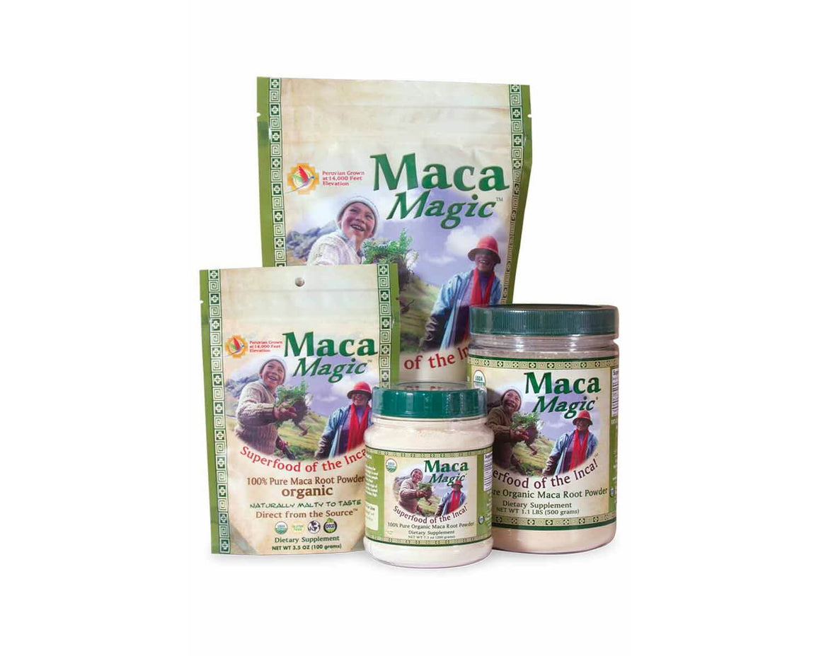 Packages and jars of Maca Magic Raw Powder Jar 1.1 lb