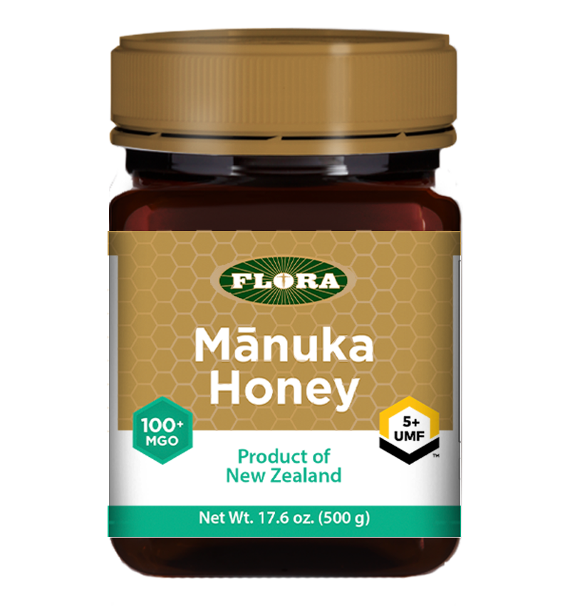 A bottle of Flora Manuka Honey MGO 100+/5+ UMF
