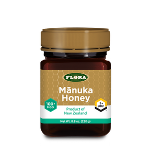 A bottle of Flora Manuka Honey MGO 100+/5+ UMF