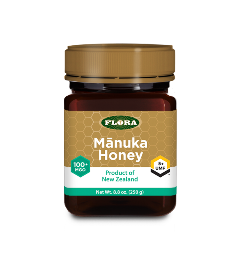 A bottle of Flora Manuka Honey MGO 100+/5+ UMF