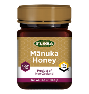 A bottle of Flora Manuka Honey MGO 400+/12+ UMF