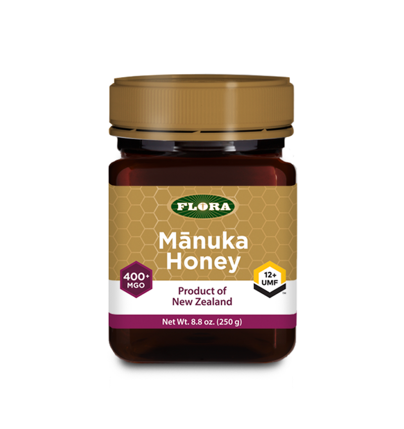 A bottle of Flora Manuka Honey MGO 400+/12+ UMF