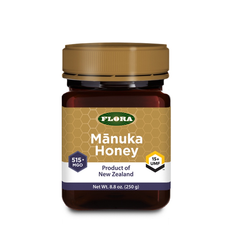 A bottle of Flora Manuka Honey MGO 515+/15+ UMF