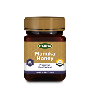 A bottle of Flora Manuka Honey MGO 515+/15+ UMF