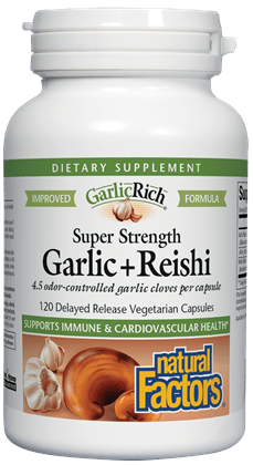 A bottle of Natural Factors Super Strength Garlic + Reishi