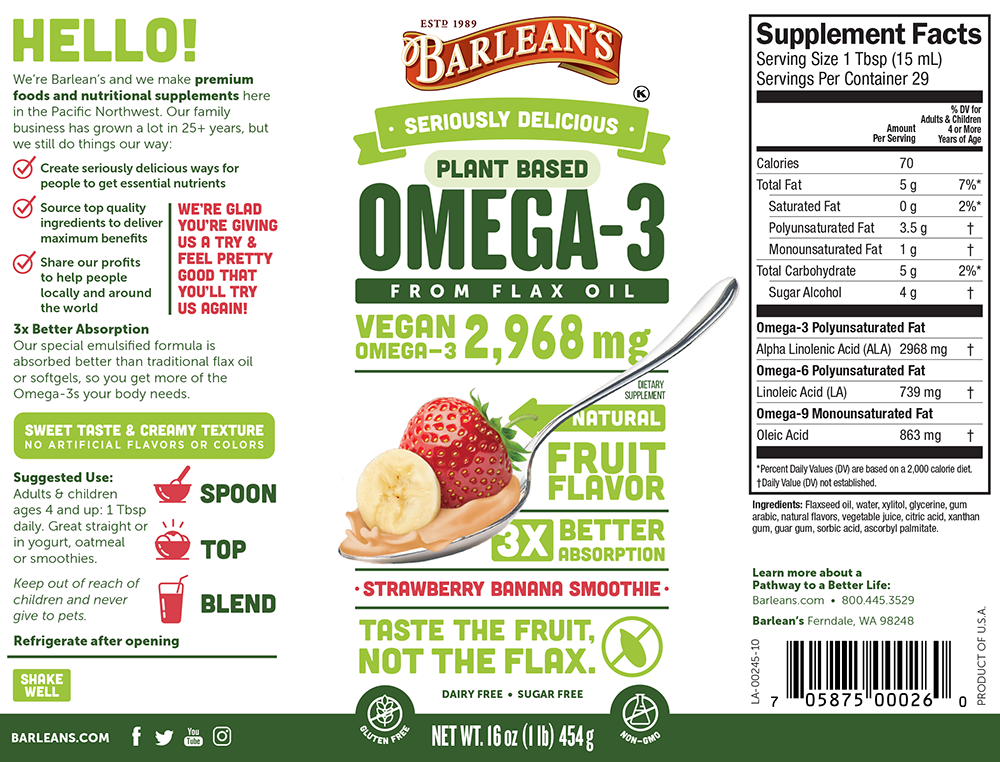 A bottle of Barleans Seriously Delicious™ Omega-3 Flax Strawberry Banana Smoothie
