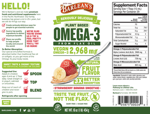 Label with supplemental facts for Barleans Seriously Delicious™ Omega-3 Flax Strawberry Banana Smoothie