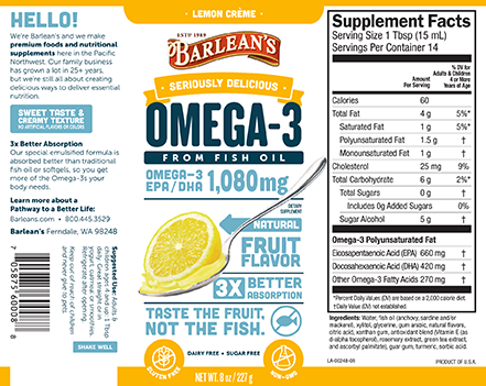 A bottle of Barleans Seriously Delicious™ Omega-3 Fish Oil Lemon Crème