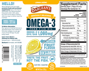Label with supplemental facts for Barleans Seriously Delicious™ Omega-3 Fish Oil Lemon Crème