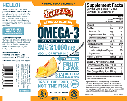 A bottle of Barleans Seriously Delicious™ Omega-3 Fish Oil Mango Peach Smoothie