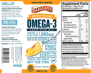 Label wth supplemental facts for Barleans Seriously Delicious™ Omega-3 Fish Oil Mango Peach Smoothie