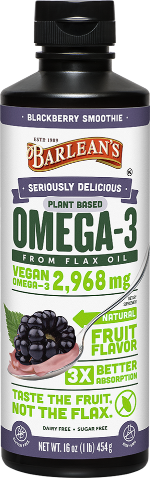 A bottle of Barleans Seriously Delicious™ Omega-3 Flax Blackberry Smoothie