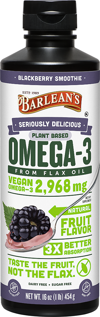 A bottle of Barleans Seriously Delicious™ Omega-3 Flax Blackberry Smoothie