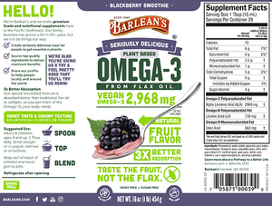 Label with supplemental facts for Barleans Seriously Delicious™ Omega-3 Flax Blackberry Smoothie