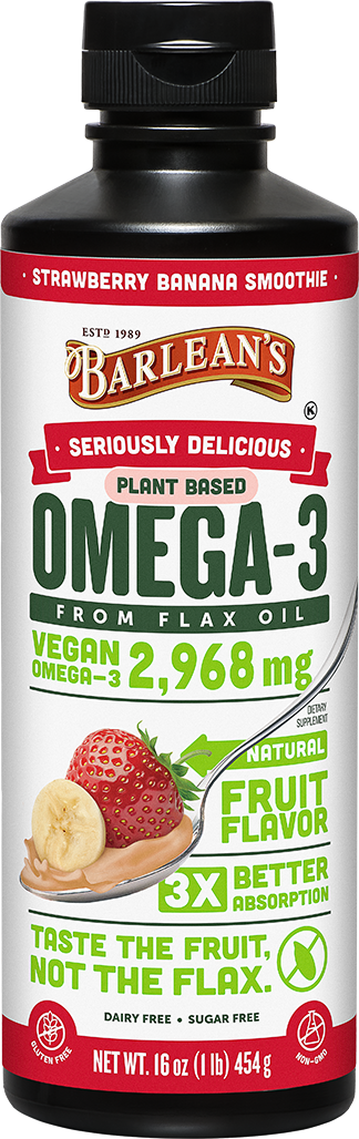 A bottle of Barleans Seriously Delicious™ Omega-3 Flax Strawberry Banana Smoothie
