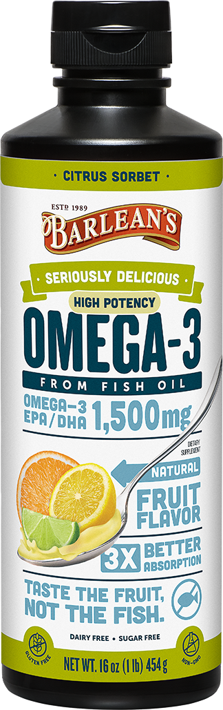 A bottle of Barleans Seriously Delicious™ Omega-3 High Potency Fish Oil Citrus Sorbet