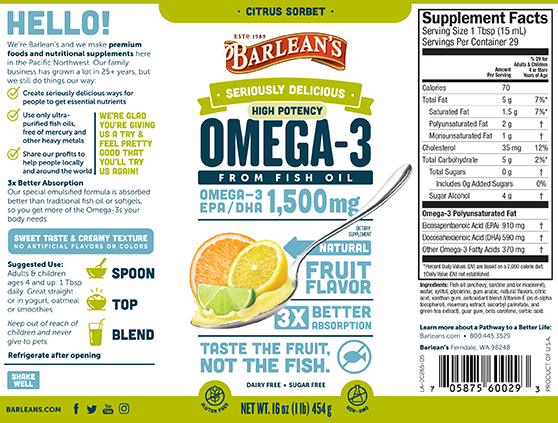 A bottle of Barleans Seriously Delicious™ Omega-3 High Potency Fish Oil Citrus Sorbet