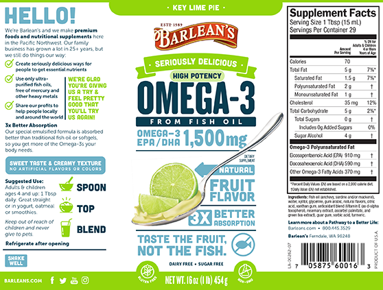 A bottle of Barleans Seriously Delicious™ Omega-3 High Potency Fish Oil Key Lime Pie