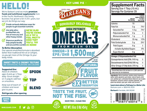 A label with supplemental facts for Barleans Seriously Delicious™ Omega-3 High Potency Fish Oil Key Lime Pie