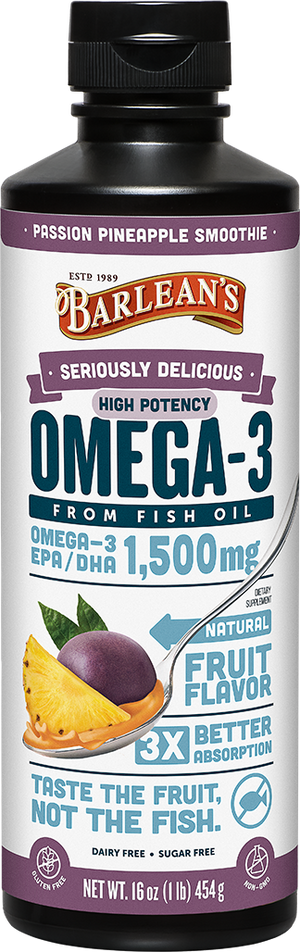 A bottle of Barleans Seriously Delicious™ Omega-3 High Potency Fish Oil Passion Pineapple Smoothie