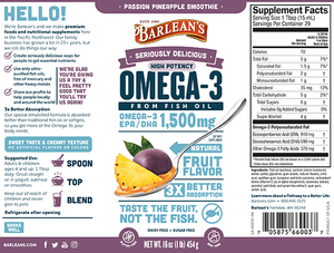 Label with supplemental facts for Barleans Seriously Delicious™ Omega-3 High Potency Fish Oil Passion Pineapple Smoothie