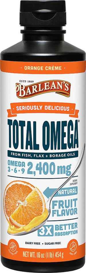 A bottle of Barleans Seriously Delicious™ Total Omega® Orange Crème
