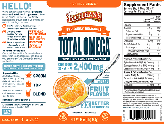 A bottle of Barleans Seriously Delicious™ Total Omega® Orange Crème