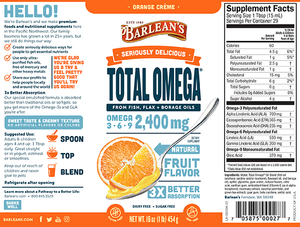 Label with Supplemental facts for Barleans Seriously Delicious™ Total Omega® Orange Crème